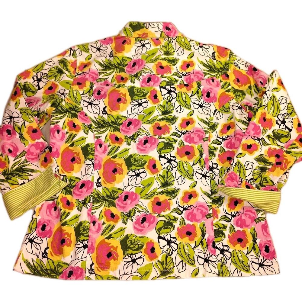 Keren Hart Floral Shacket Shirt Jacket Pockets Size L (Est) Pink Green Stripe - Picture 3 of 13